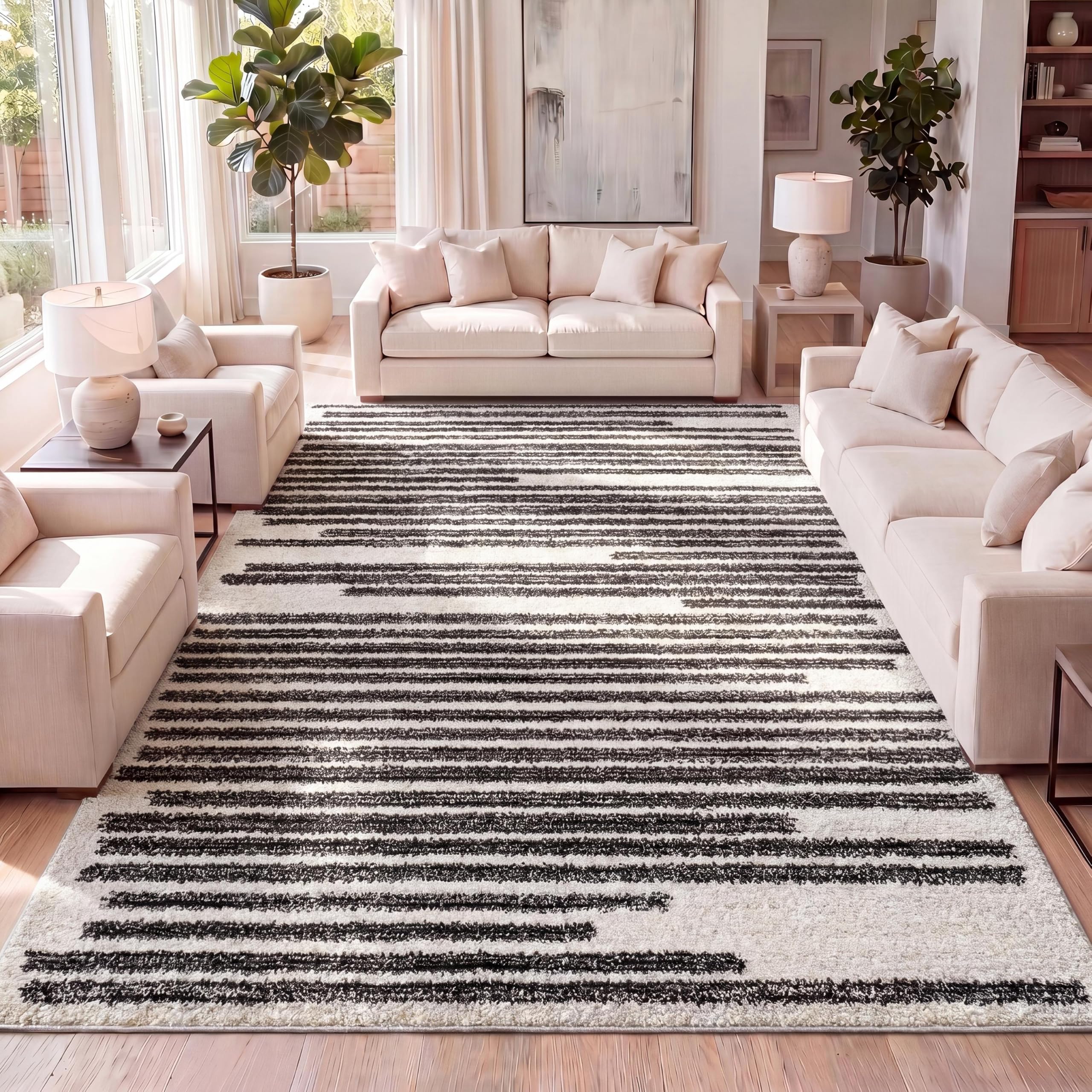 JONATHAN Y front view of Khalil rug showing cream and black stripes for versatile styling