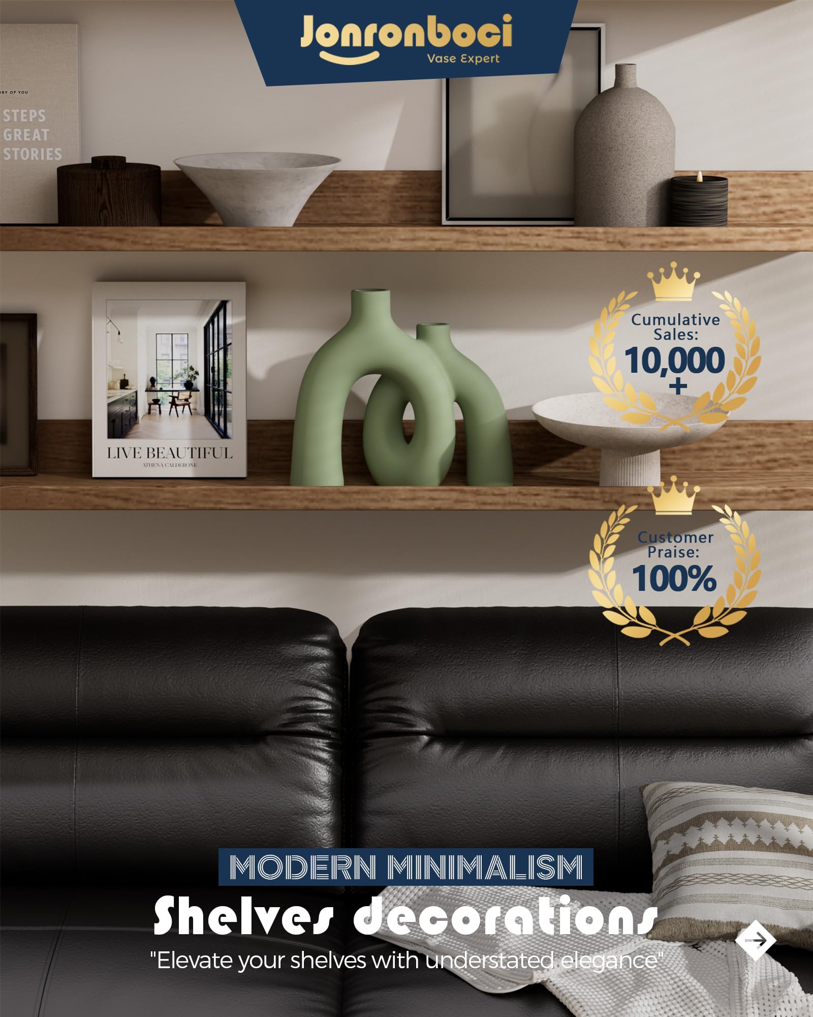 Jonronboci on mantel in living room conveying cozy modern Nordic boho atmosphere