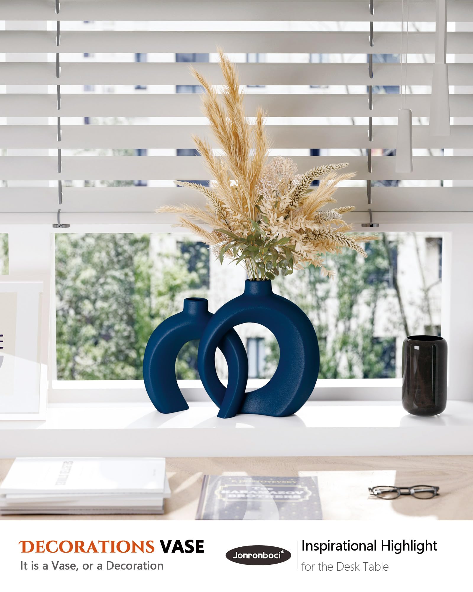 Jonronboci styled on living room console adding calm coastal color and form