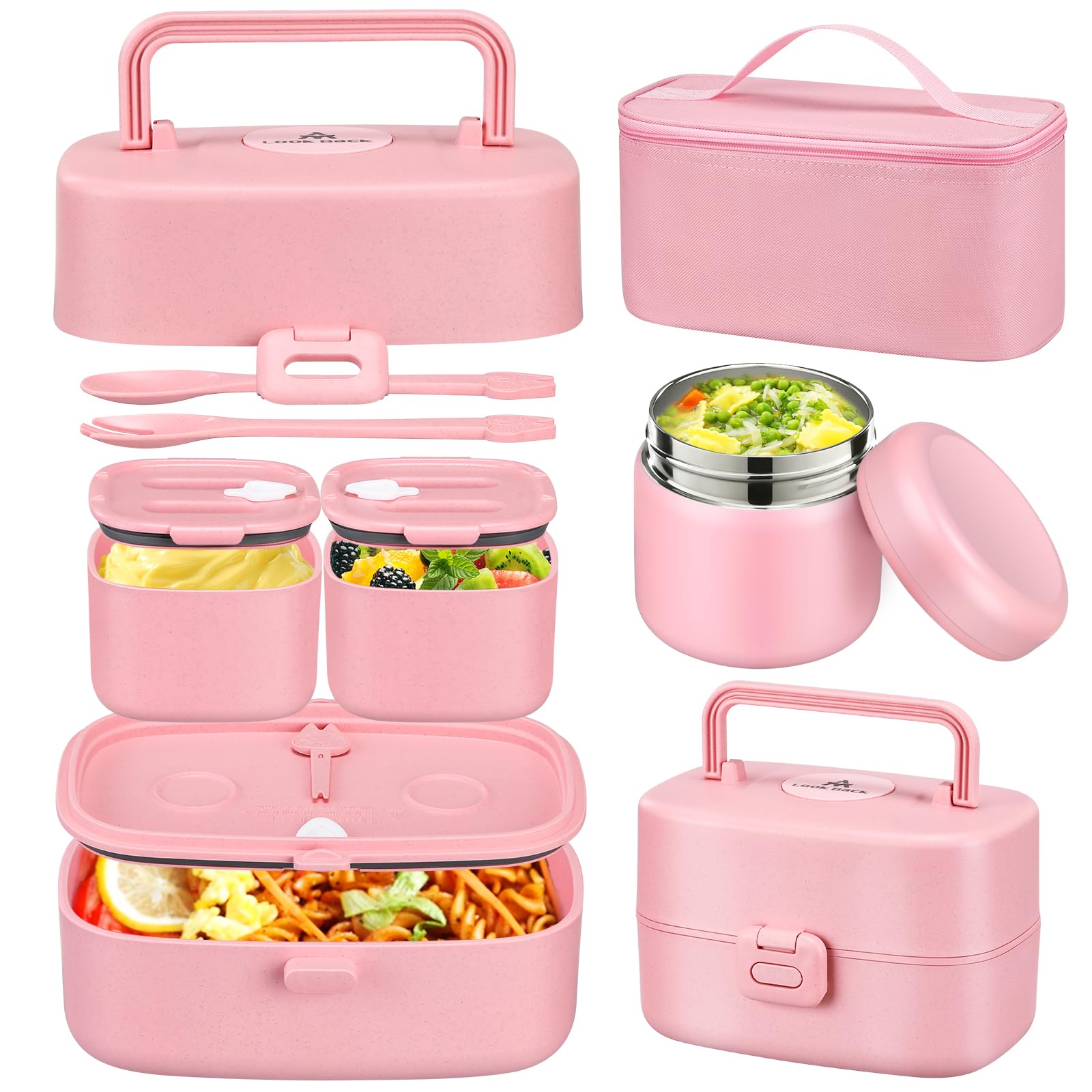 JOOPETALK front view of pink lunch set showing organized compartments and bag, convenient for school