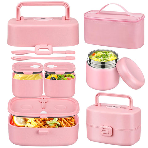 JOOPETALK front view of pink lunch set showing organized compartments and bag, convenient for school