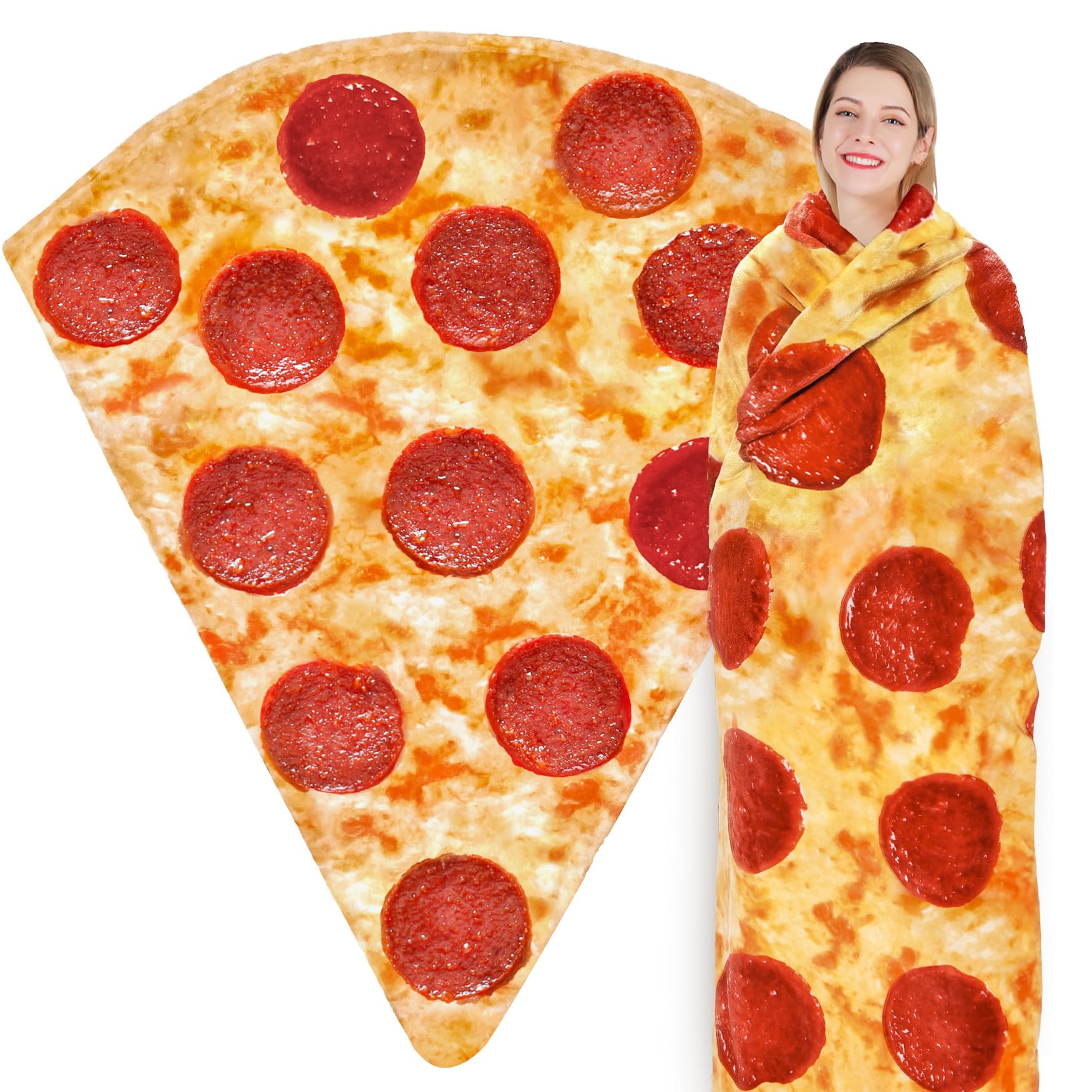Jorbest pizza blanket front view showing full pepperoni print and cozy benefit