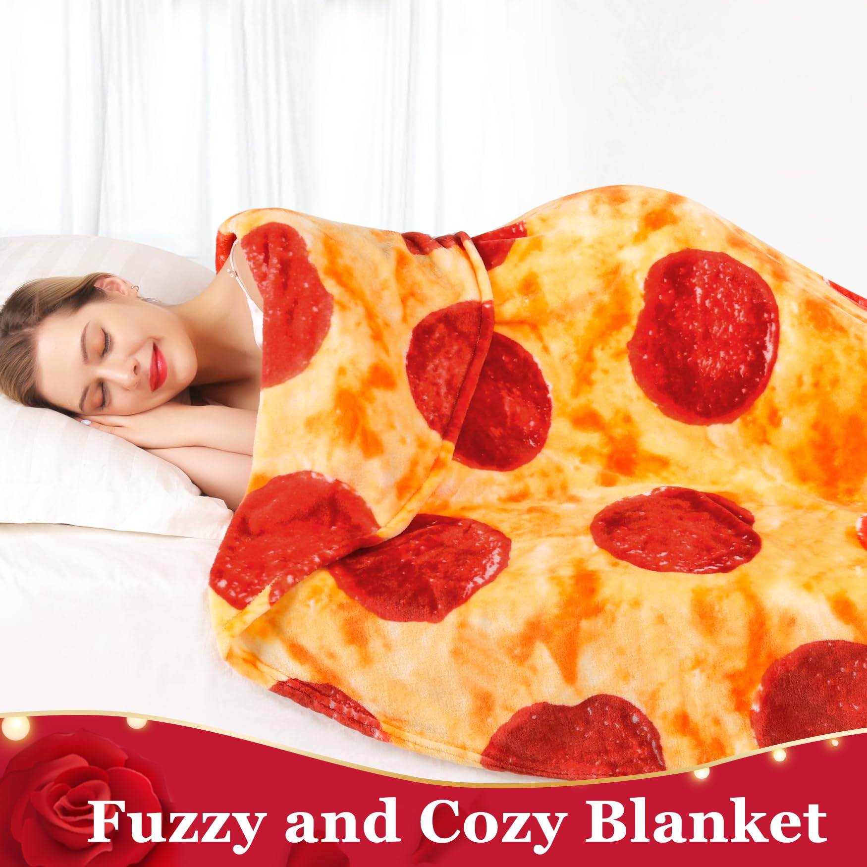 Jorbest pizza blanket styled in bedroom demonstrating playful décor boost