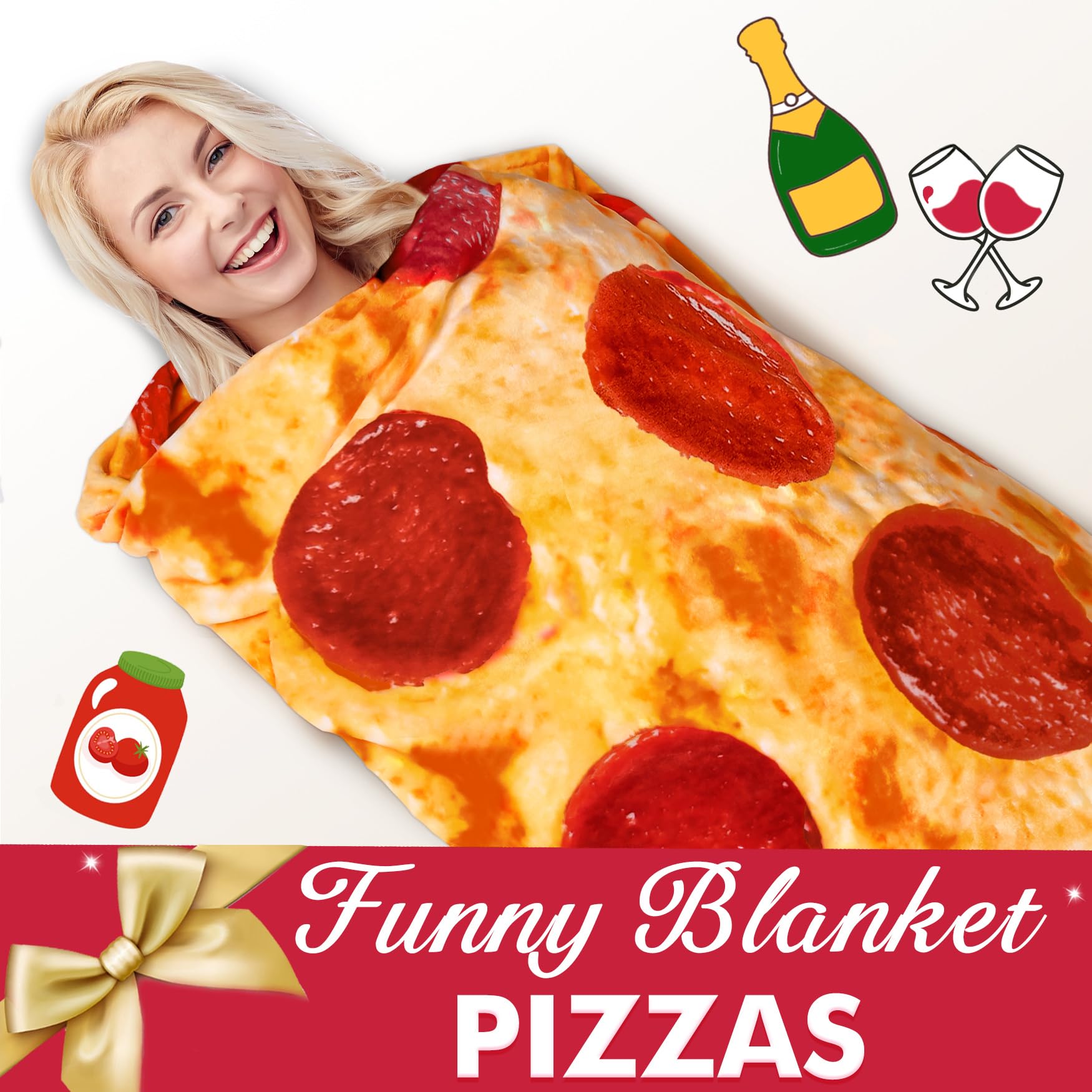 Jorbest pizza blanket next to person illustrating the roomy 80-inch size