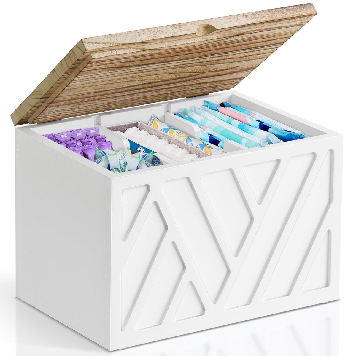 jorkol front view wooden tampon holder shows neat storage and polished decor benefit