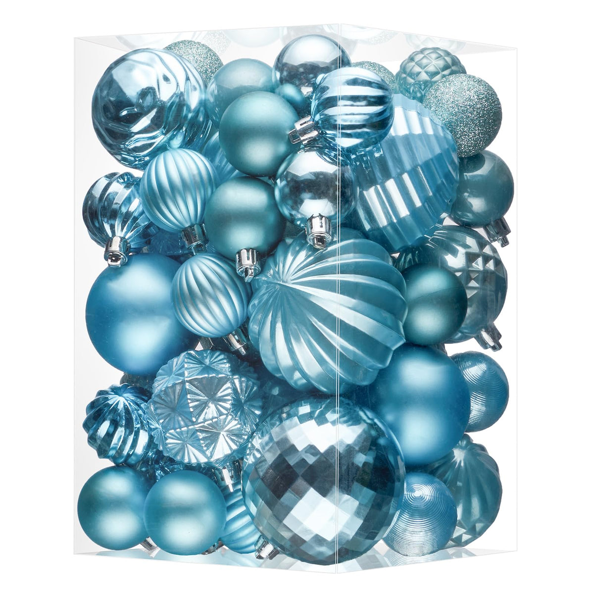 JORNOY front view of 47-pack sky blue ornaments showing variety and convenience