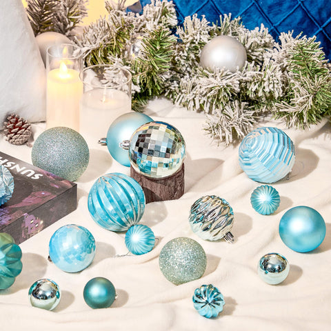 JORNOY ornaments hanging on a decorated tree adding cohesive sky blue holiday charm