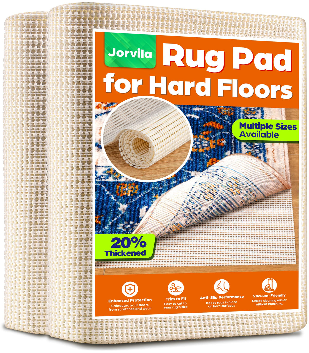 Jorvila front packaging showing rug pad benefit secure placement