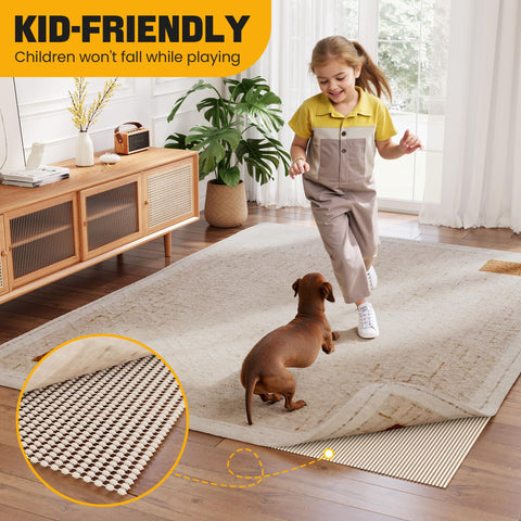 Jorvila pad under area rug in living room highlighting stability in high-traffic spaces
