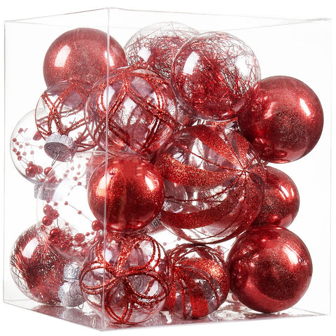 Jorysics front packaging showing 24 clear red shatterproof baubles for safe decorating