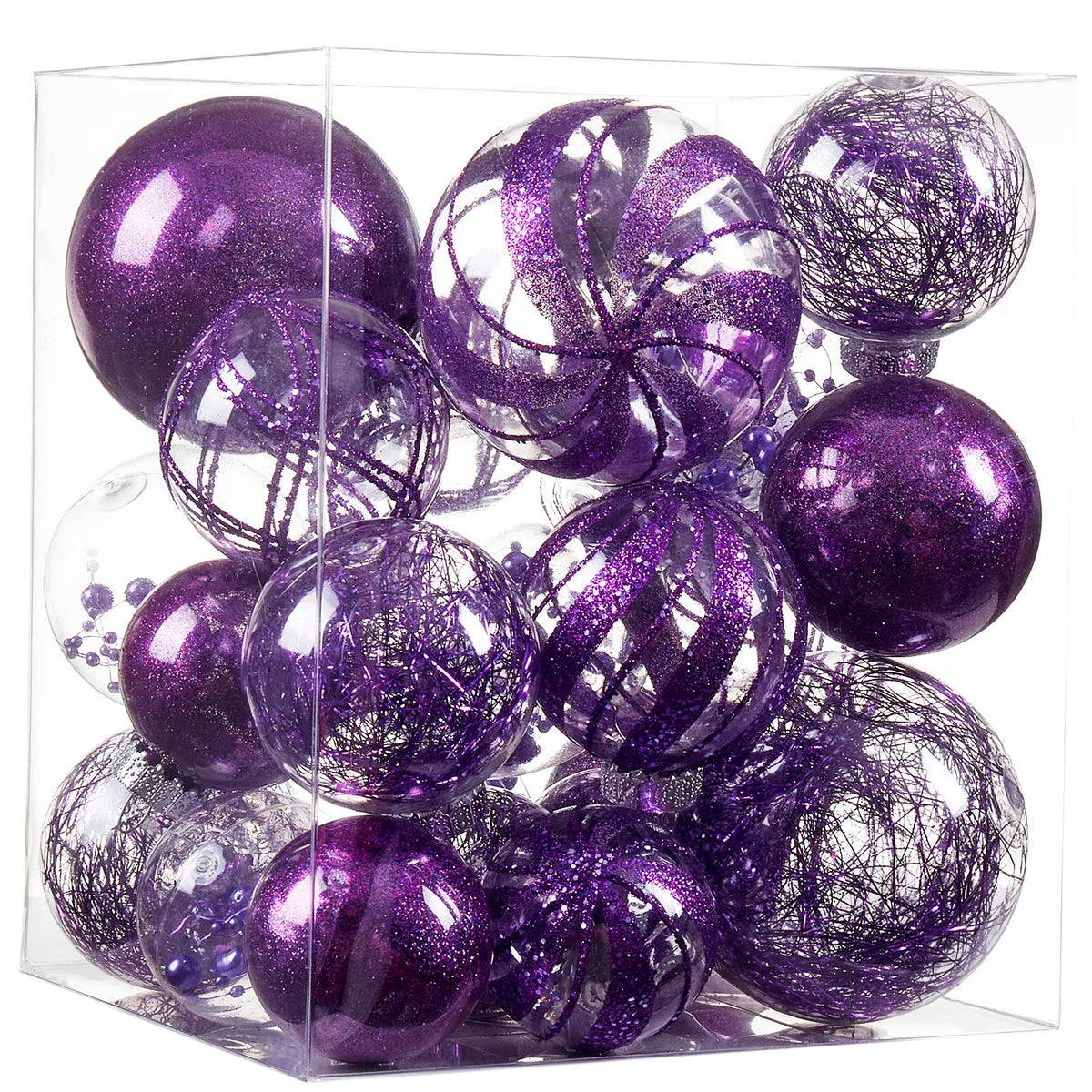 Jorysics front packaging showing 24 clear purple ornaments and safety benefit