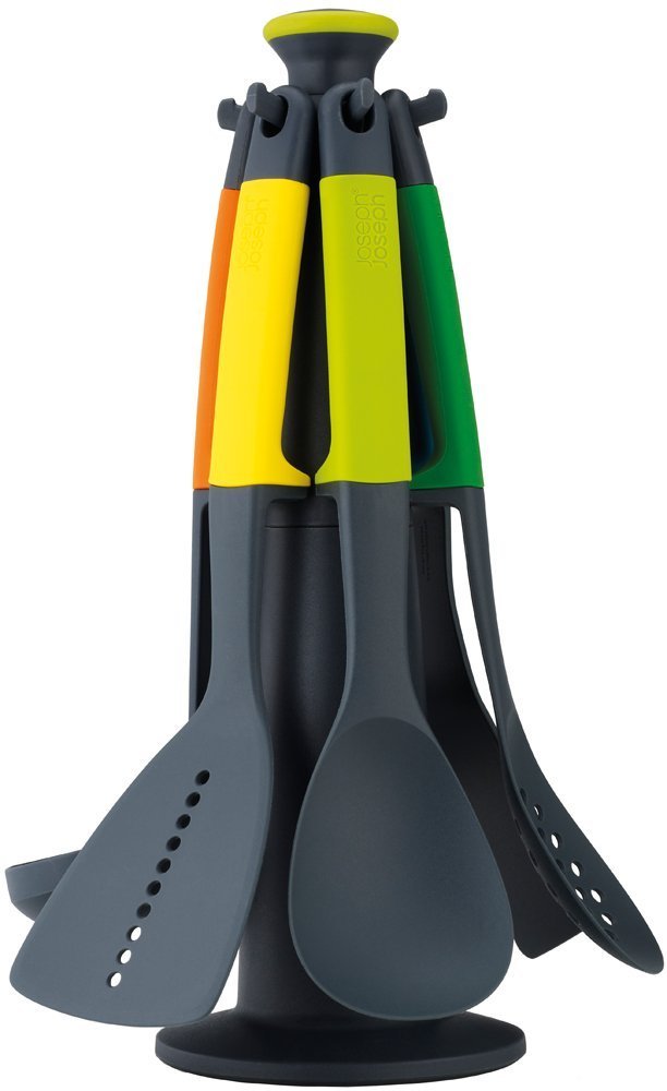 Joseph Joseph front view of set showing colorful utensils and rotating stand for tidy storage