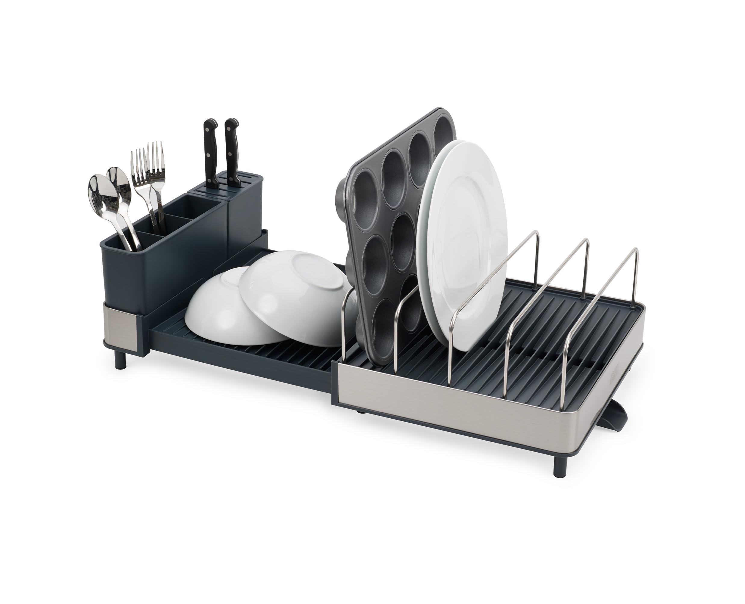 Joseph Joseph front view of dish rack showing compact closed profile and neat styling