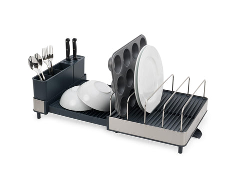 Joseph Joseph front view of dish rack showing compact closed profile and neat styling