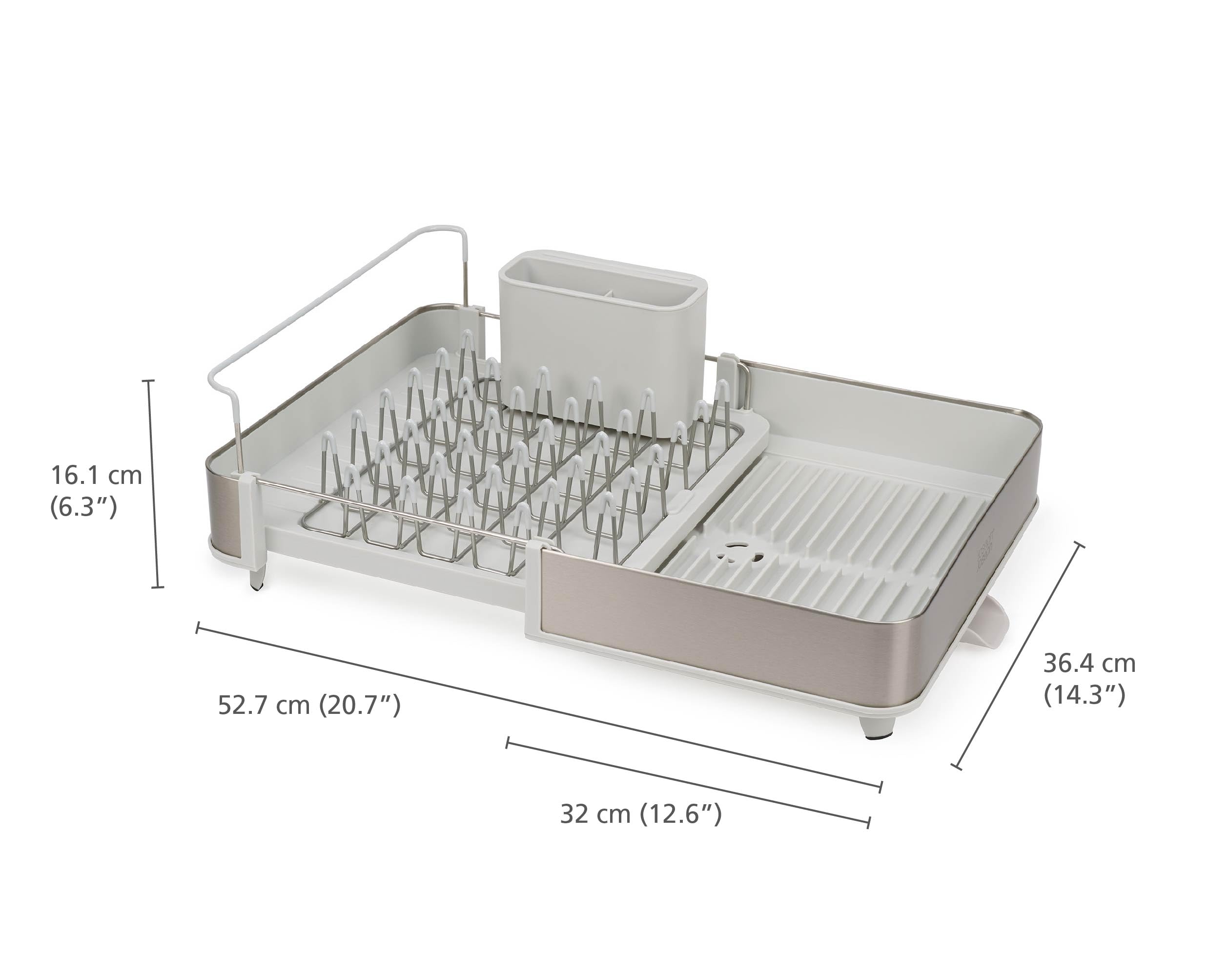 Joseph Joseph rack shown extended and retracted demonstrating flexible capacity and space-saving benefit