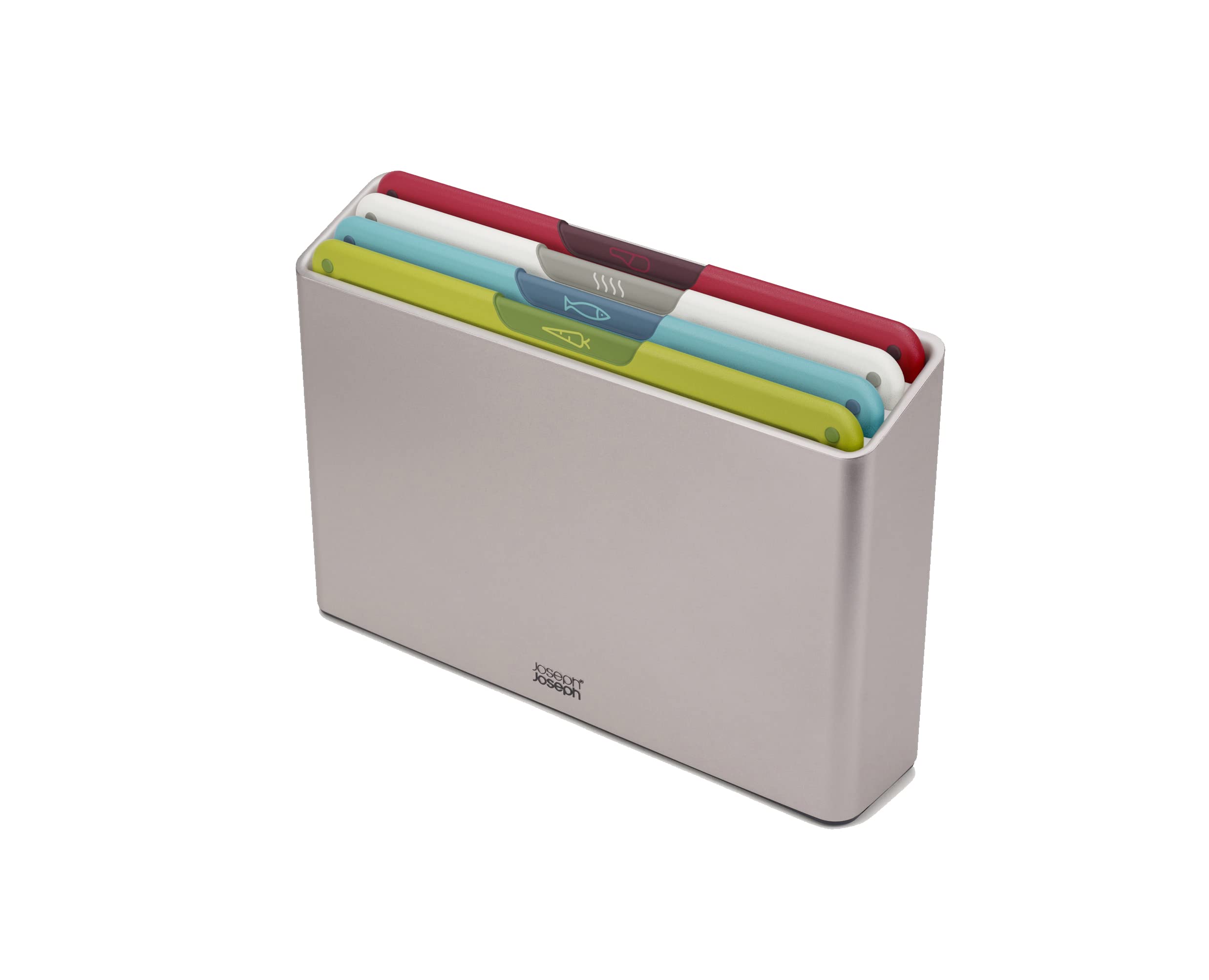 Joseph Joseph front view of slimline silver case showing tidy storage benefit
