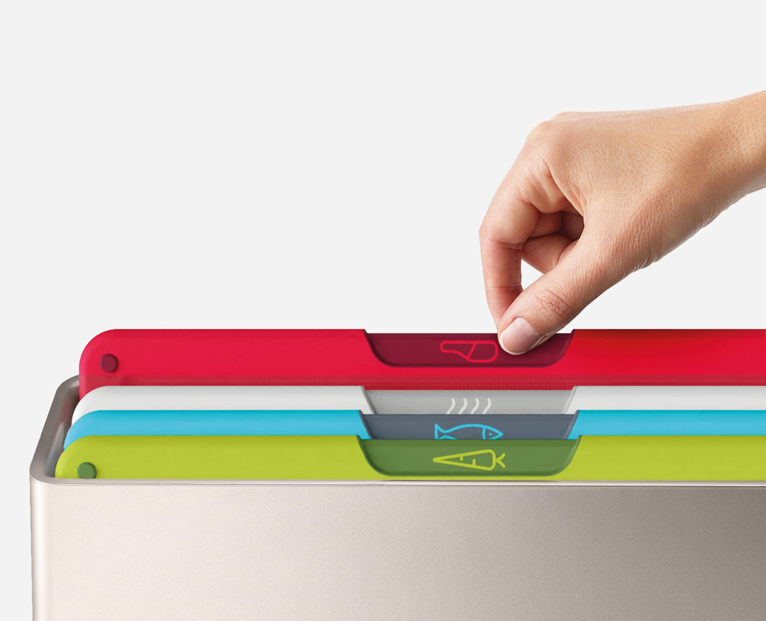 Joseph Joseph board held in hand showing 24x34cm scale and compact convenience