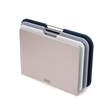 Joseph Joseph front view of cutting board set and stand shows organized storage benefit