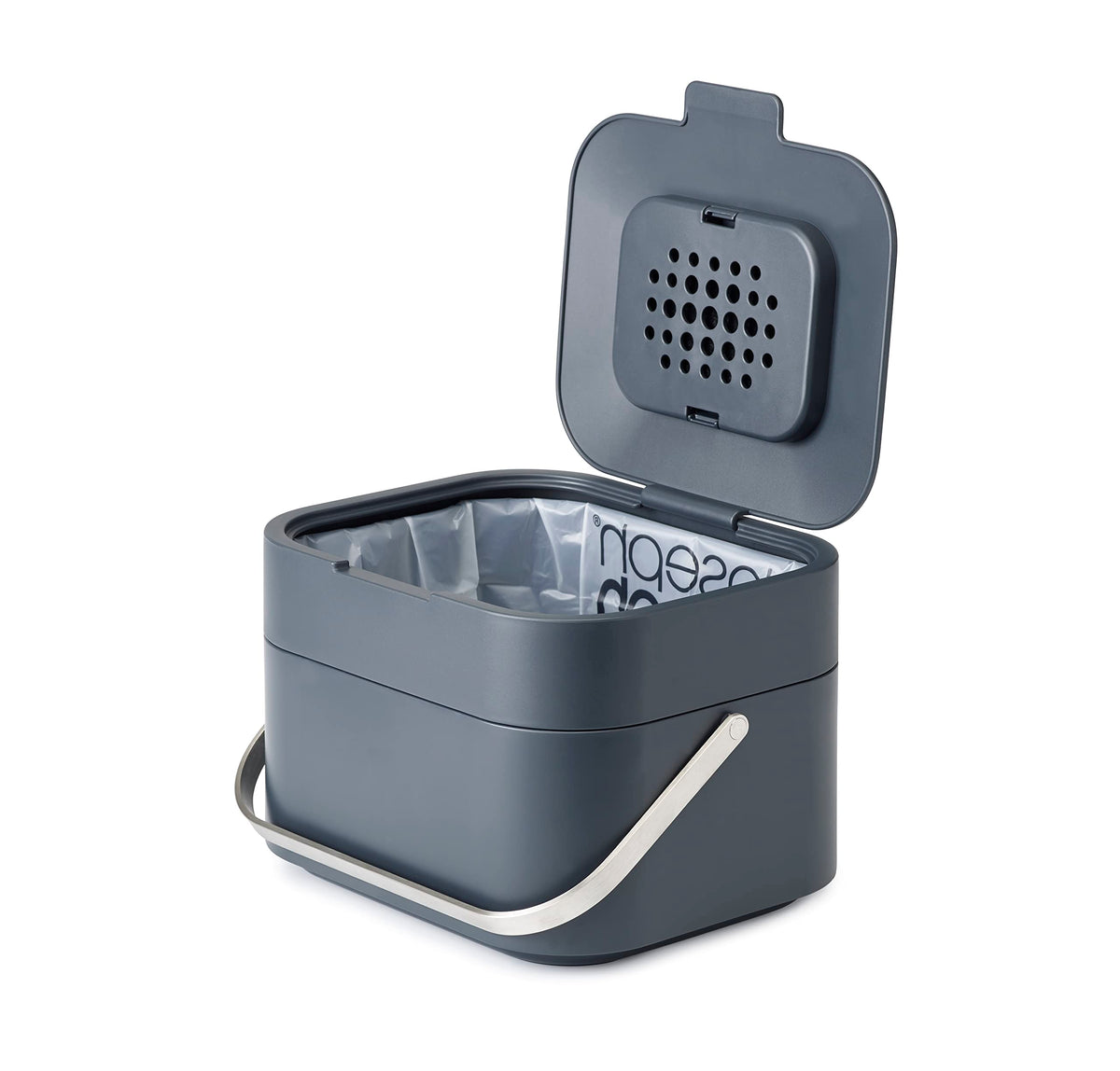 Joseph Joseph front view of compost caddy showing compact graphite design and tidy storage benefit