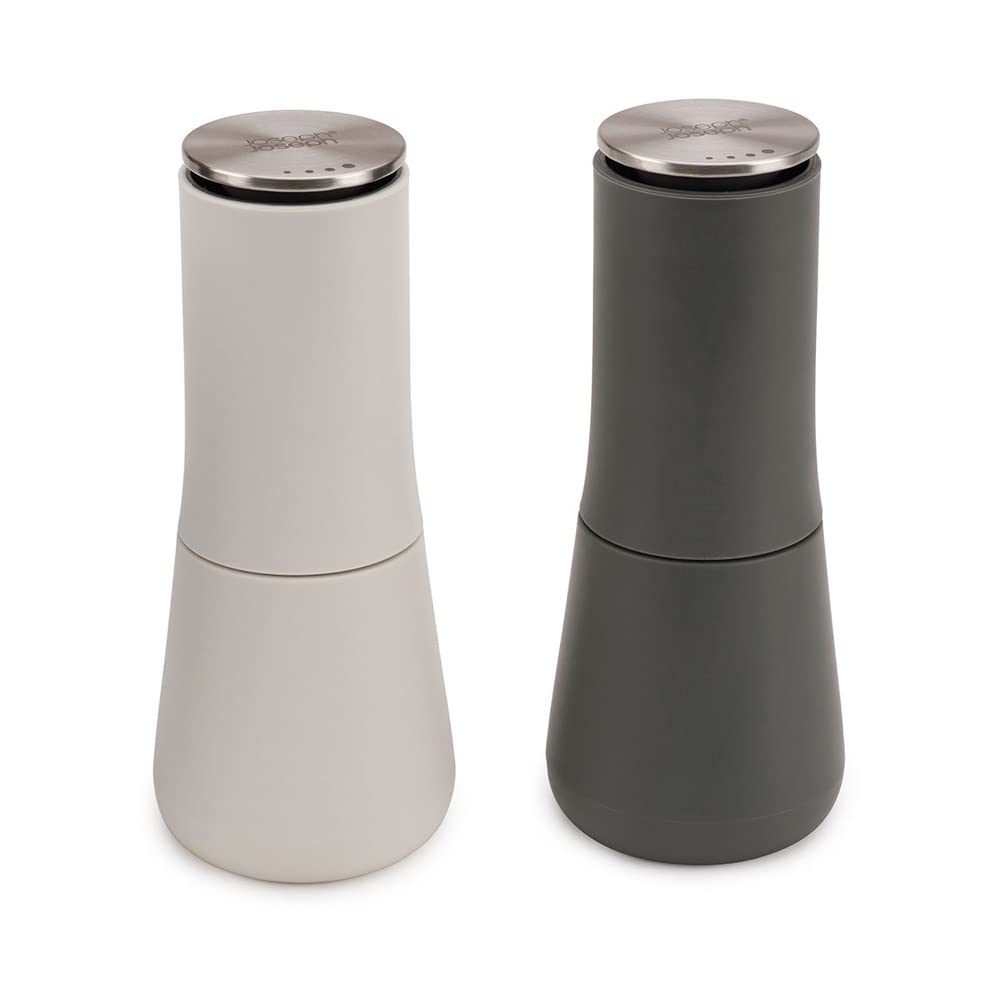 Joseph Joseph front view of white and dark grey mills showing compact design and tidy storage