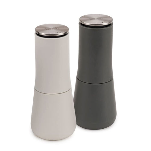 Joseph Joseph close-up of stainless-steel top grinder showing adjustable grind control benefit
