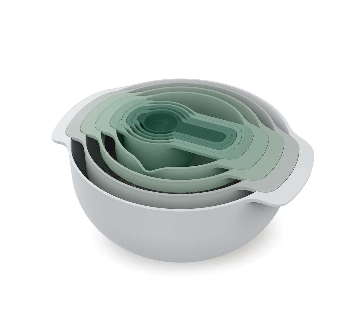 Joseph Joseph front view of Nest 9 Plus set showing full sage colour and compact benefits