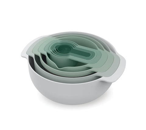 Joseph Joseph front view of Nest 9 Plus set showing full sage colour and compact benefits