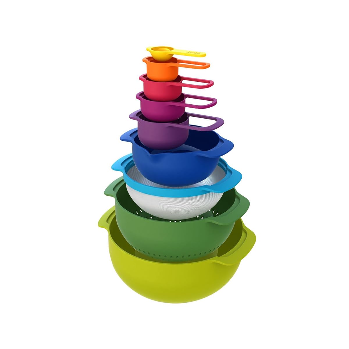 Joseph Joseph stacked Nest 9 Plus showing space-saving nesting and easy storage