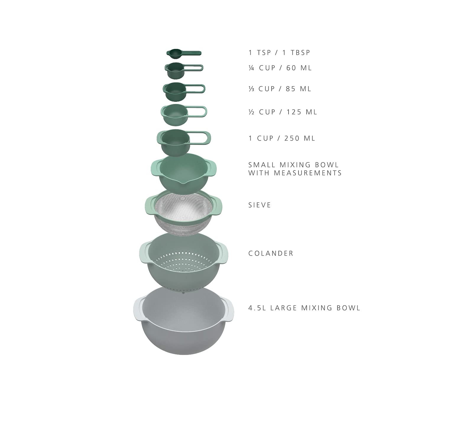 Joseph Joseph stacked Nest 9 Plus illustrating space-saving storage and neat organization