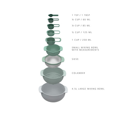 Joseph Joseph stacked Nest 9 Plus illustrating space-saving storage and neat organization