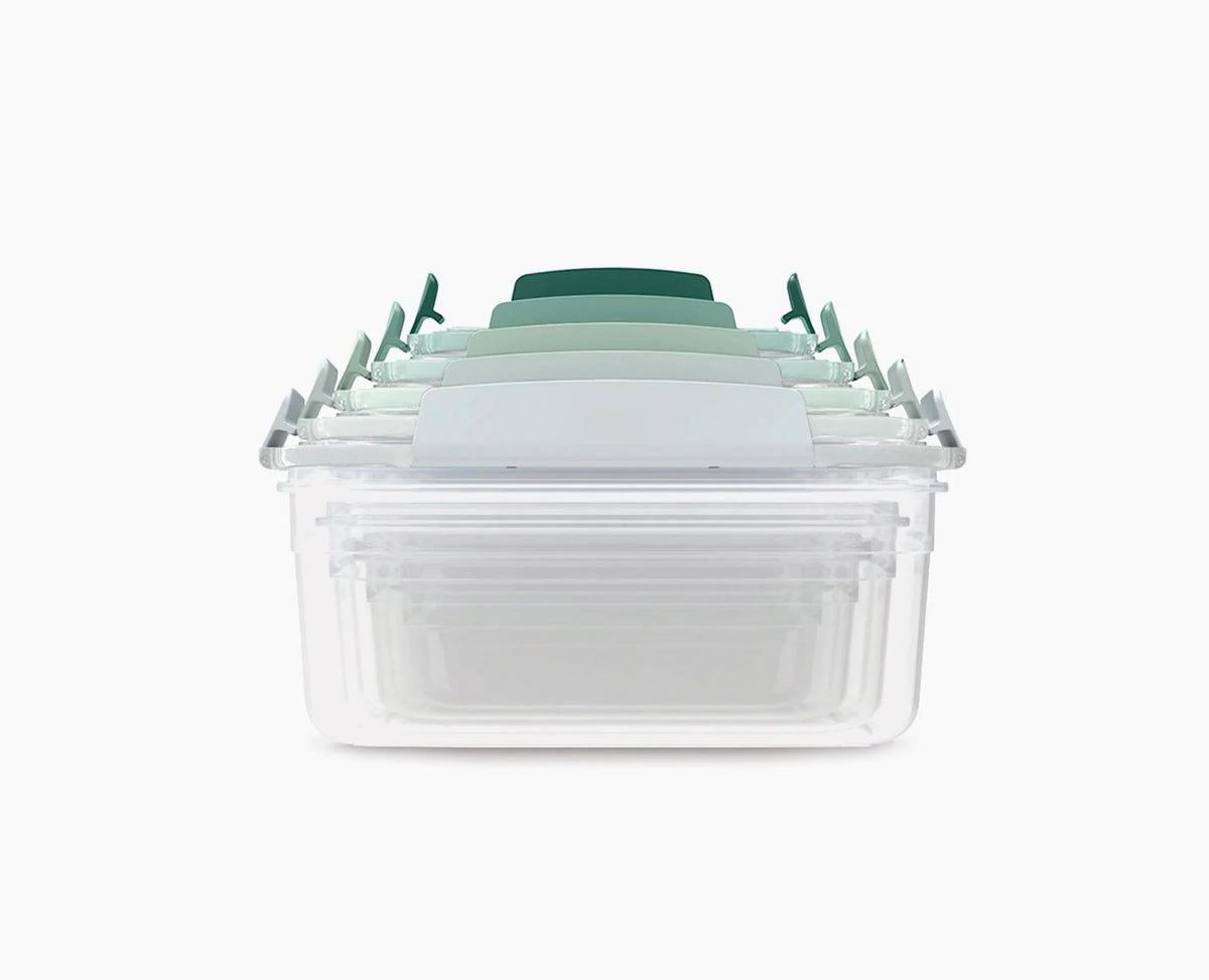 Joseph Joseph Nest Lock front view showing sage green set and space-saving design benefit
