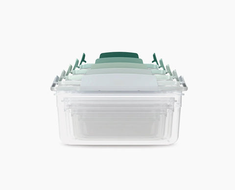 Joseph Joseph Nest Lock front view showing sage green set and space-saving design benefit