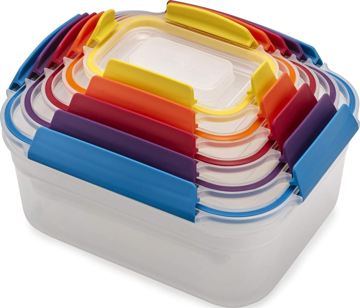 Joseph Joseph front packaging shows the 10-piece set and storage benefits