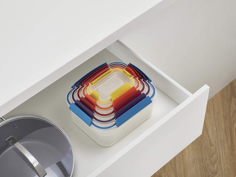 Joseph Joseph containers stacked in a freezer demonstrating safe storage