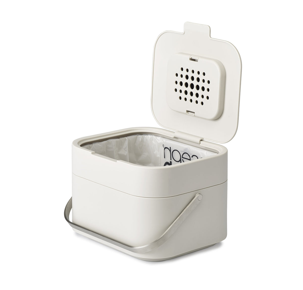 Joseph Joseph front view of stone compost caddy showing compact countertop fit and tidy design