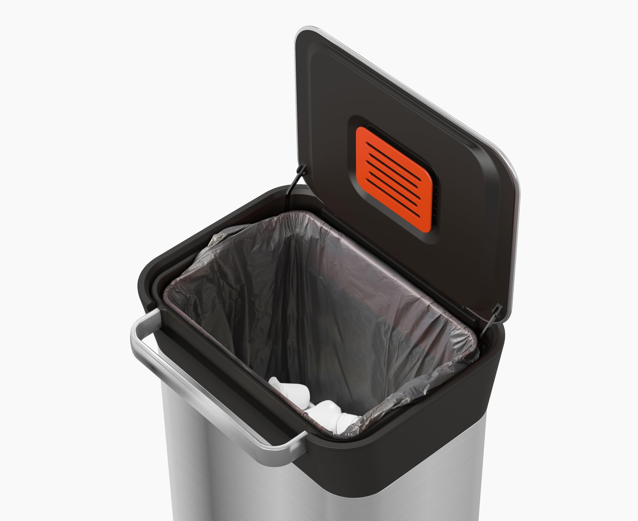 Joseph Joseph Titan open lid showing compaction chamber, reduces waste volume