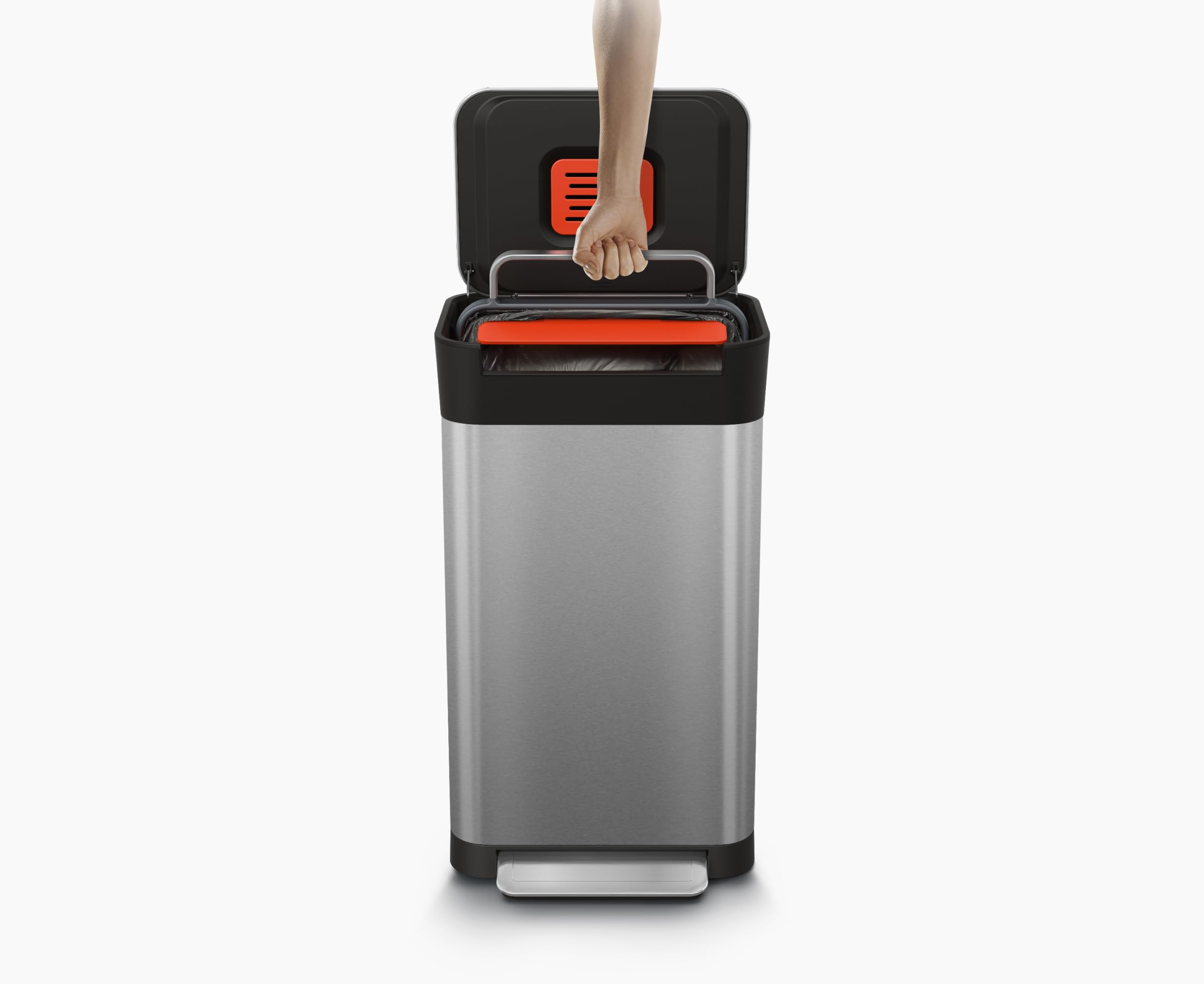 Joseph Joseph Titan foot pedal being pressed for hands-free compaction, hygienic use