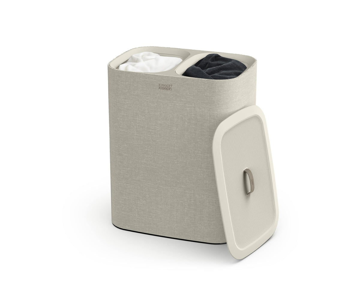 Joseph Joseph front view of ecru Tota laundry hamper showing tidy design and hidden storage