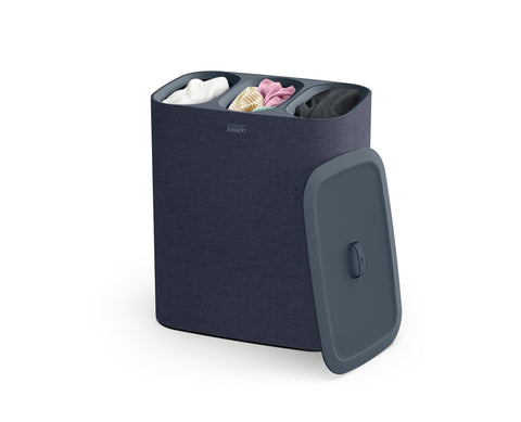 Joseph Joseph front view of full 90L hamper showing neat separation benefit