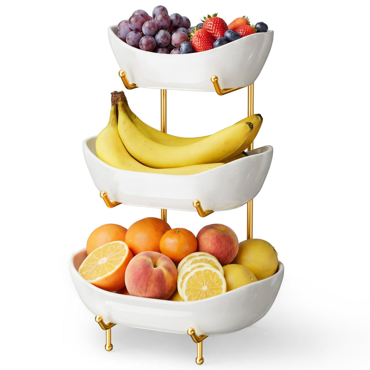 Josmimic front view showing three-tier ceramic bowl and gold stand, stylish organization