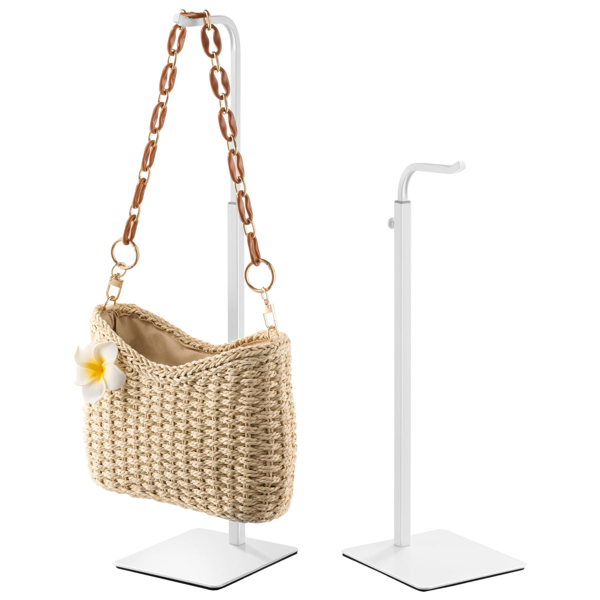 Josmimic white stand front view displaying a handbag, showcasing neat presentation