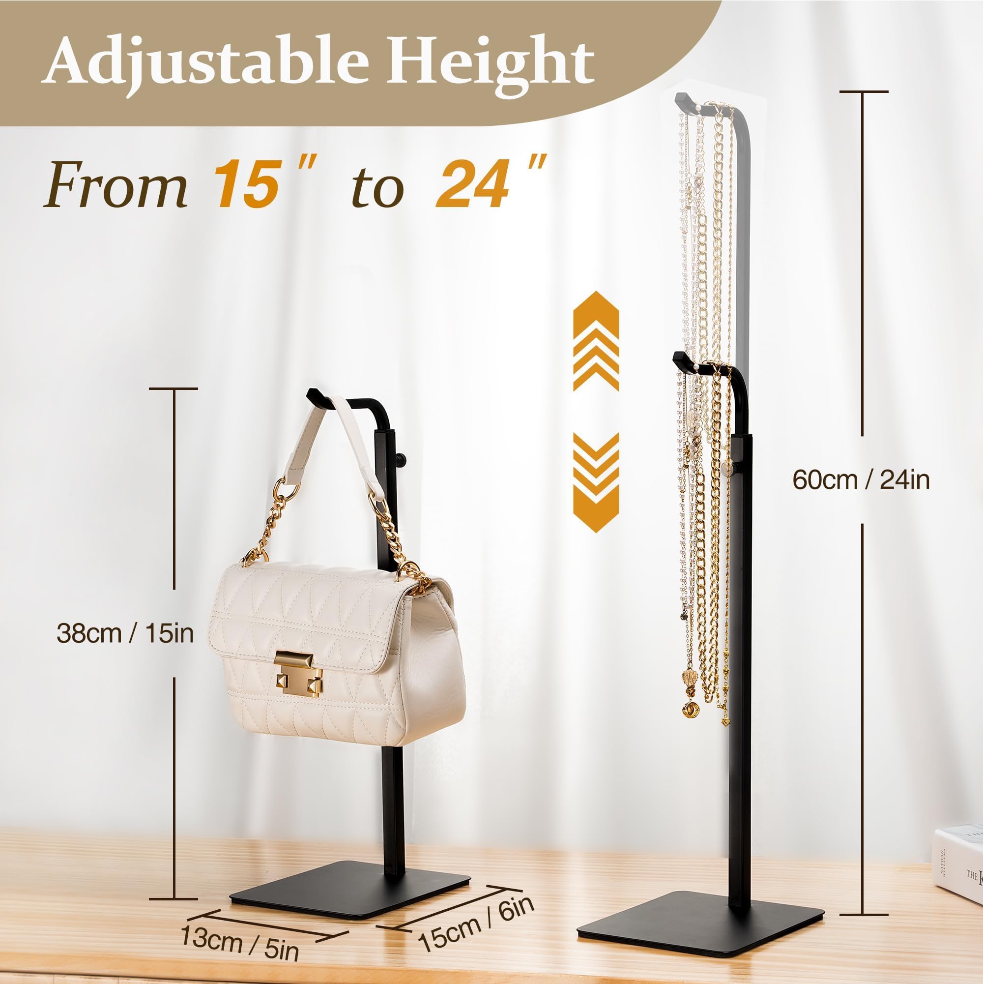 Josmimic stand holding a handbag on a counter for tidy storage and shape preservation