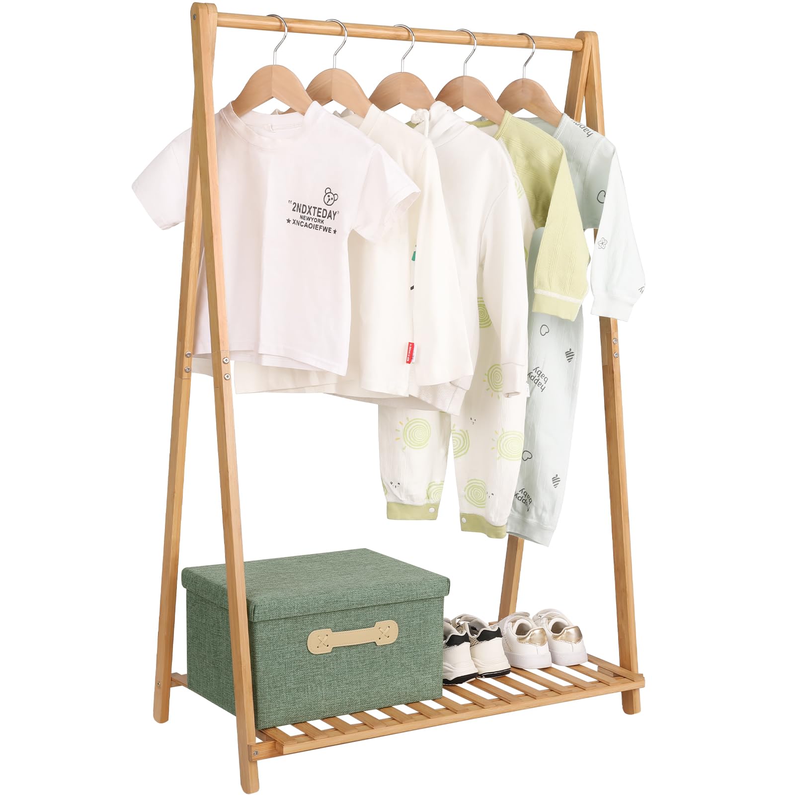 Jotsport front view of bamboo kids rack showing compact organization benefit