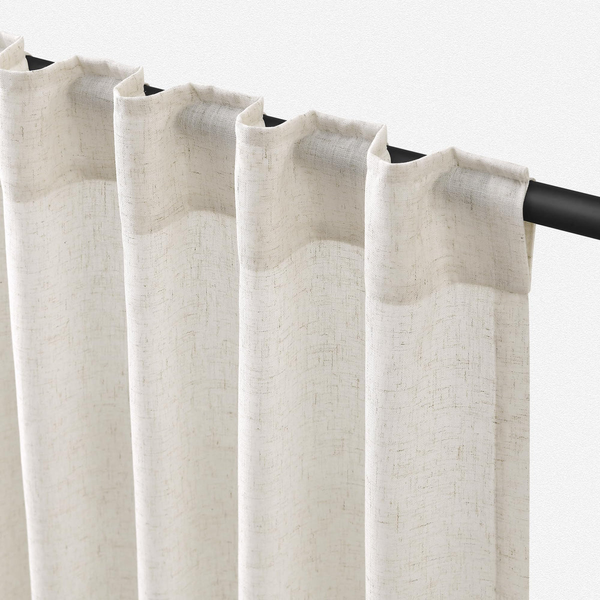 Jowels front view of two-panel linen curtains showing neutral color and full length benefit light diffusion