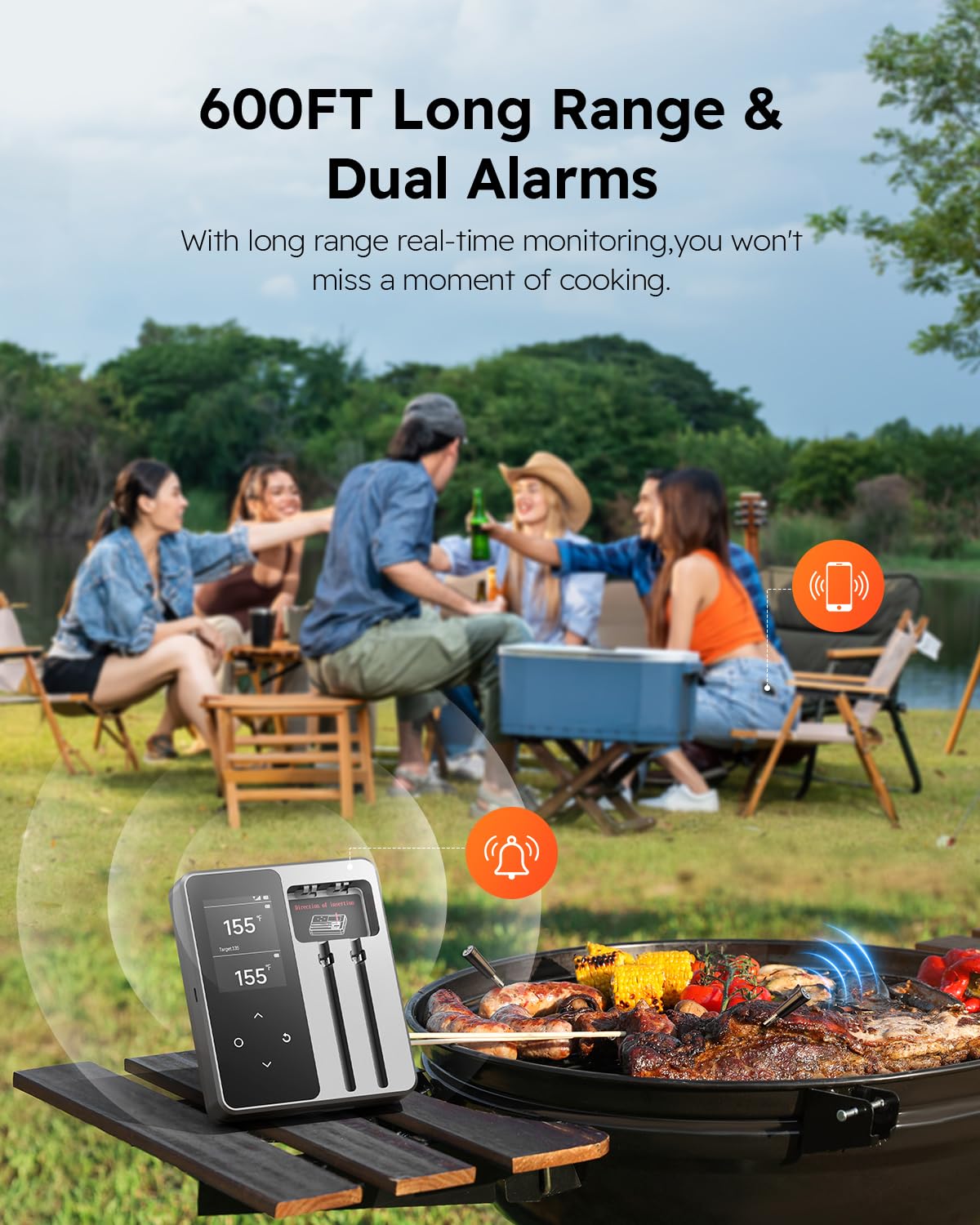 JoyBear wireless probes inserted in sizzling steak on a grill, ensuring precision