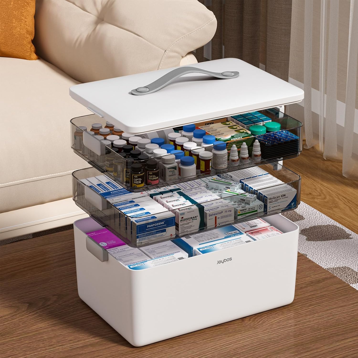 JOYBOS front view of stacked medicine box showing neat organization and accessibility
