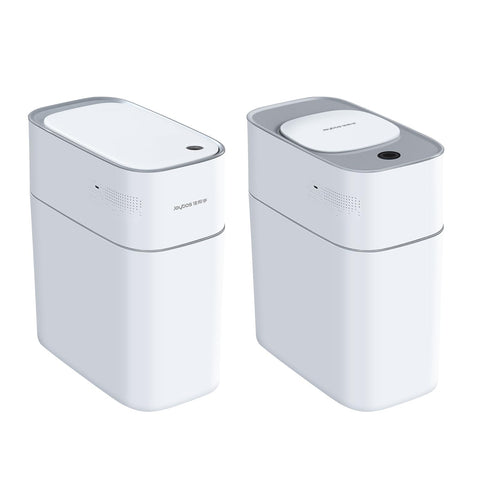 JOYBOS lid mid-open demonstrating touchless operation benefit: noiseless, sanitary use