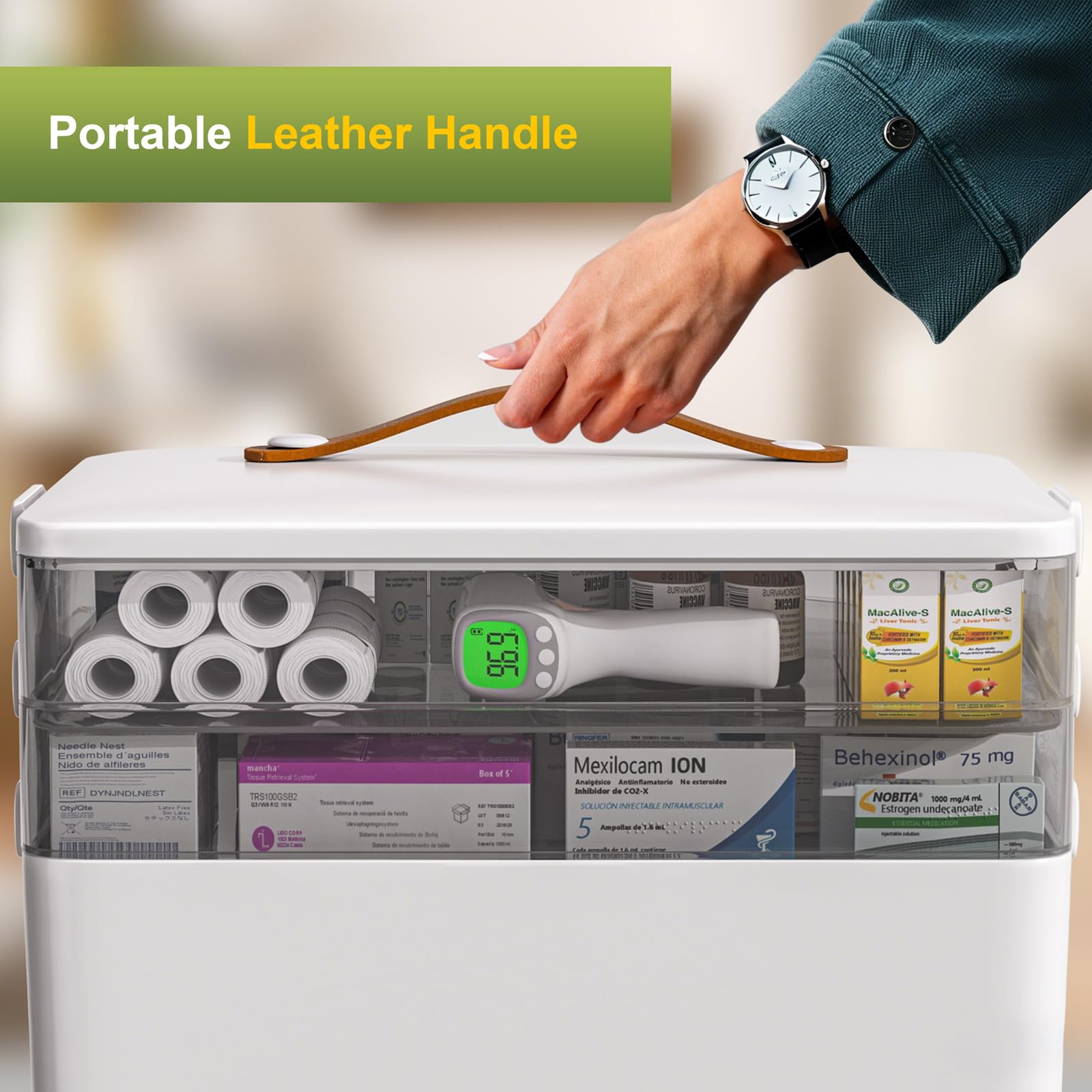 JOYBOS on bathroom shelf illustrating tidy first-aid storage and easy reach