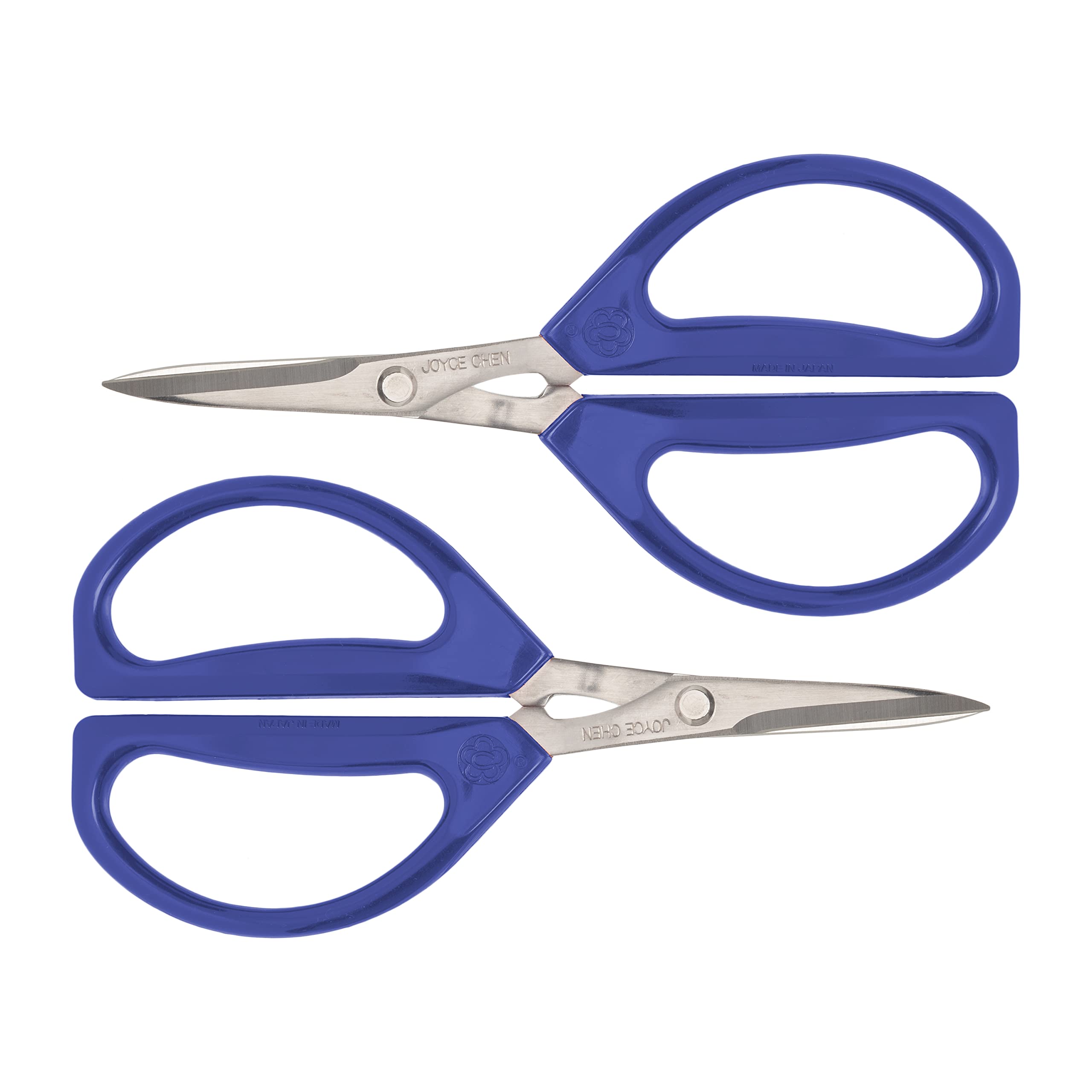 JOYCE CHEN front view of blue kitchen scissors showing blades and handles for easy identification