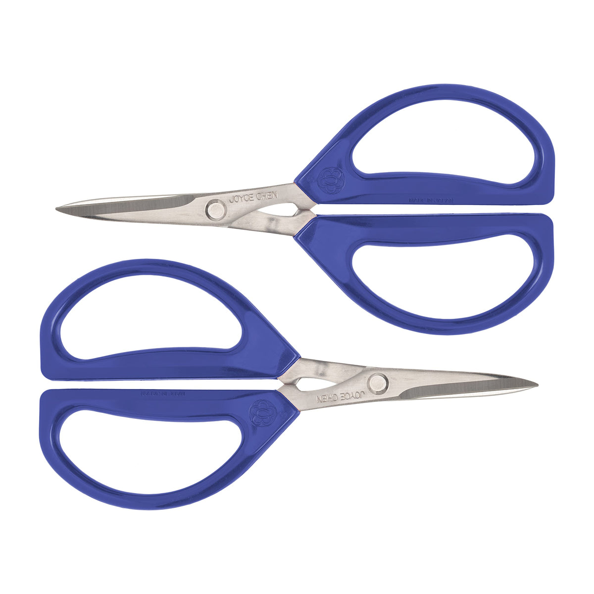 JOYCE CHEN front view of blue kitchen scissors showing blades and handles for easy identification